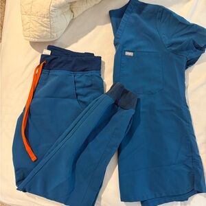 Figs Blue Scrub Set with Orange Accent
